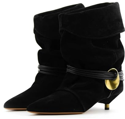 Agodor Women's Black Slouchy Ankle Boots - Pointed Toe Kitten Heels Booties Wide Calf Boho Suede Cowboy Boots Fold Over Mid Calf Slip On Comfortable Shoes US8