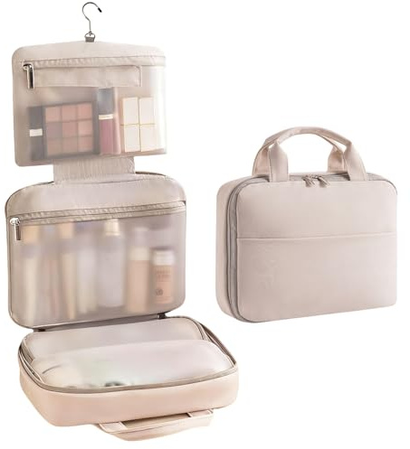 Kulturtasche zum Aufhängen, Faltbare & wasserdichte Toilettentasche mit 3 Fächern - Große Kosmetiktasche/Schminktasche für Damen, Kulturbeutel, Reise & Ordnung-Hellrosa