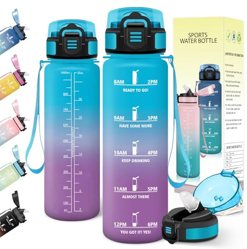 Baramumu Borraccia 1 litro, con Cannuccia, Borraccia Palestra, a Prova di Perdite, Bottiglia acqua, Facile da Aprire, Borracce, per Palestra, Trekking, Fitness, Yoga, Ufficio, Blu-Viola