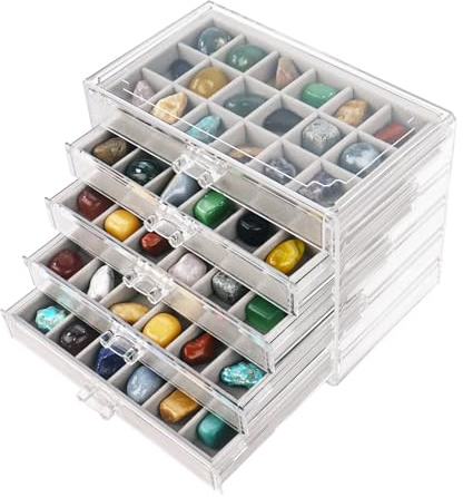 Dmnnlp Rock Vitrine, Acryl Rock Sammelbox, 5 Etagen 90 Fächer Gemstone Collection Box, Aufbewahrungsbox mit Fächern für Gemstone Mineralien Fossil Kristalle Kleine Sammlerstücke Edelsteine(Grau5)
