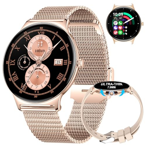 LIGE Smart Watch for Women 7 mm Ultra-thin 1.43 AMOLED Bluetooth Phone Calls Round Dial Elegant Female Smartwatch for Android iOS Rose Gold Mesh,Heart/Sleep Monitor,Menstrual Cycle,100+ Sport Mode