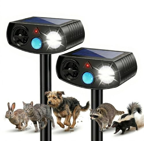 BOEEL Solar Ultrasonic Animal Repeller Outdoor, Motion Sensor Waterproof Pest Deterrent, Raccoon Skunk Fox Squirrel Rabbit Dog Cat Deer Repellent for Yard Garden Farm, 33ft 120° Coverage, 2 Pack Black