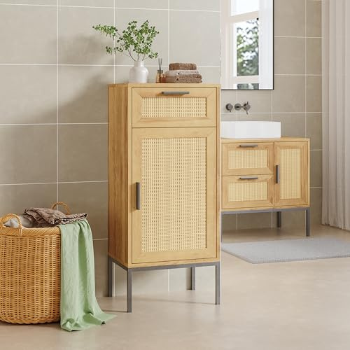 [en.casa] Badschrank Midi Marhasa Badezimmerschrank Bad Kommode klein mit 1 Tür und 1 Schublade Rattan Dekor 92 x 40 x 30 cm Metallbeine Eicheoptik/Schwarz