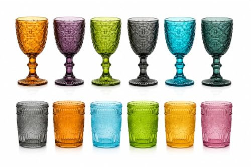 cecaro group Set 12 Pezzi Bicchieri e Calici in Pasta di Vetro Colorato – 6 Calici da 350 ml + 6 Bicchieri Acqua da 300 ml – Linea Mosaico
