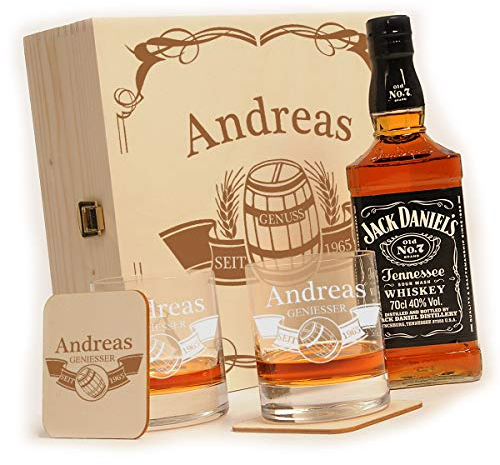 polar-effekt Whisky Geschenkset mit Gravur Zubehör Set - Jack Daniels No.7 Flasche - 2 Untersetzer - 2 Whiskygläser - personalisiert - Geschenke für Männer
