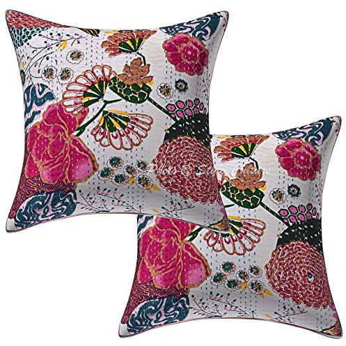 Stylo Culture Ethnicas Forros De Cojines Decorativa 60x60 cm Algodón Tropicana Fundas Almohadones Silla Blanco 24x24 Inch Kantha Impreso Cuadrado sobre Fundas Cojines Sofa - 2 Pcs
