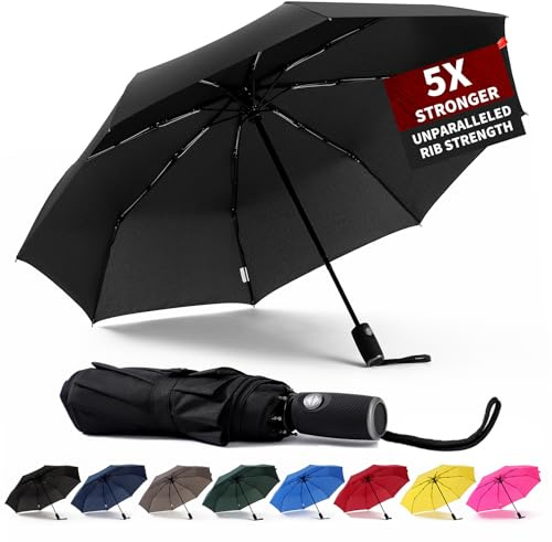 Travel Umbrella Windproof, Auto Open Close Compact Umbrellas for Women and Men Teflon Coating with 10 Rib Construction, Zipper Pouch (Black)