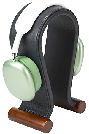 SAMDI Kopfhörerhalter Kopfhörerständer Holz, Universal/Echtes Leder Headset Ständer Gaming Headset Halterung - On Ear Headphone Stand für Spiele, Familie, Büro, Freunde (Schwarz)