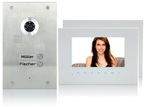 Sistema de videoportero automático (2 unidades, monitor de 7, cámara de 170°, acero inoxidable, monitores en cristal)