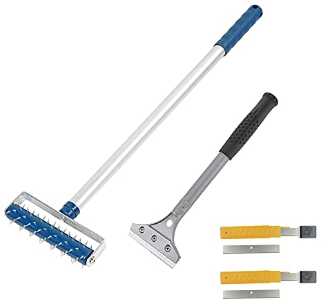 Tapetenentferner Set: Stachelwalze bis 104cm Nagelroller + Tapetenschaber + 10 Klingen Igelwalze Tapetenigel zum Perforieren Stachelroller Entlüftungswalze Tapetenlöser