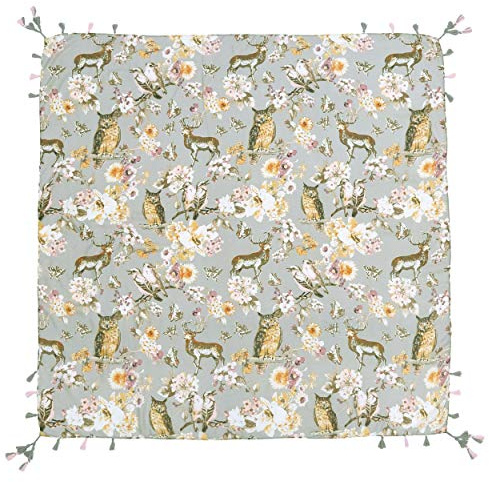 Lina & Lily Quadratischer Schal Damen mit Tiermuster mit Quasten (Eule, Hirsch, Vogel-Grau)