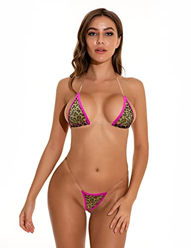 Oneheekini Women Sexy Leopard Mini Micro Bikini g String Sheer Bathing Suit Set (Pink)