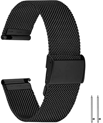 Aliwisdom Universellt ersättningsband för smartklocka, 18 mm, 20 mm, 22 mm, smartwatch-tillbehör, snabbfrigörande klockarmband i rostfritt stål, metallnät, ersättningsband (svart, 22 mm)