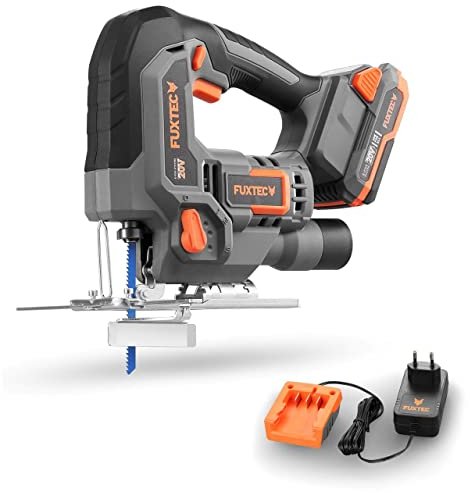 FUXTEC 20V Akku Stichsäge FX-E1JS20 – inklusive 2Ah Akku und Ladegerät – Schnittwinkel ± 45° – Hublänge 25,4mm – stufenlos regelbare Geschwindigkeit mit Pendelhubfunktion
