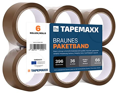 FYBR TAPEMAXX 6 Rollen Paketklebeband Paketband Packband Packing Tape Klebeband Paket Paketbandrolle Verpackungsband 48 mm x 66 m - Basic Verpackungsklebeband Umzug