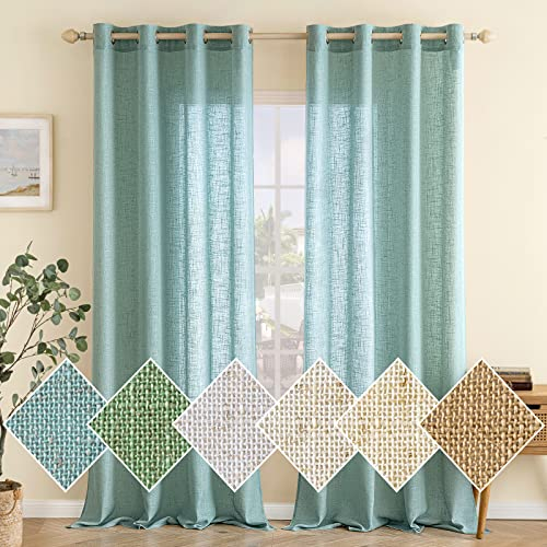 EMEMA Gardinen Vorhänge Leinenvorhang mit Ösen Voile Vorhang Leinenoptik Modern Halbtransparent für Wohnzimmer Dekoschal Kinderzimmer Schlaufenschal Küchengardinen 2er Set 140x225cm (BxH) Türkis