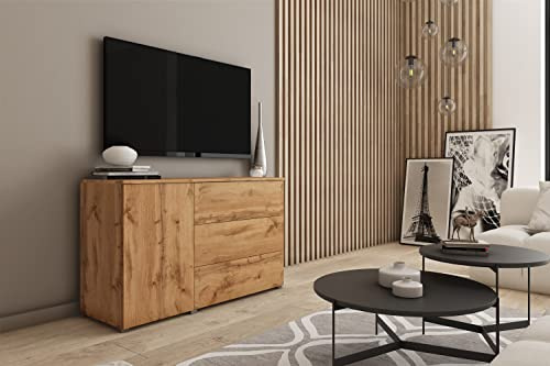 MINIO go for it - Kommode Parma Sideboard 111 cm Breit mit DREI Schubladen | Push to Open, Farbe: Wotan Eiche