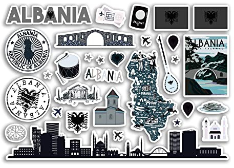 A5 Sticker Sheet Albania Landmarks Vinyl Stickers - BW Albanian Map Airport Stamp Skyline Flag Travel Holiday Country Aesthetic #80326