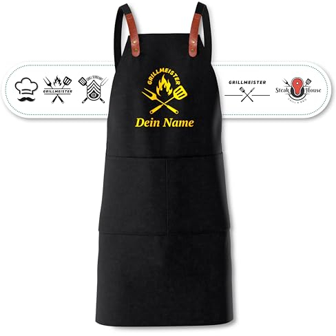 Grillschürze personalisiert mit Motiv & Wunschtext bestickt - Individuell personalisierte Kochschürze aus hochwertiger Baumwolle als besonderes Geschenk (Schwarz)