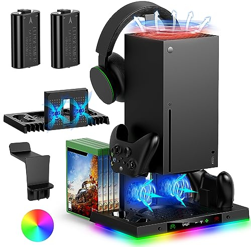 Ventilador y estación de carga para Xbox Series X con luz de color 15RGB, FYOUNG 2 Pack Baterías Recargables y Soporte de Carga para Xbox Series X Accesorios