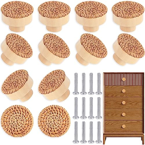 12 Stück Rattan Möbelknöpfe Schrankknöpfe Boho Deko Schränke Möbelknöpfe Holz Kommodenknöpfe Schubladenknöpfe Vintage Schubladenschrank Holz Griffe für Küchenschränke Türknauf Schrankgriffe 4cm