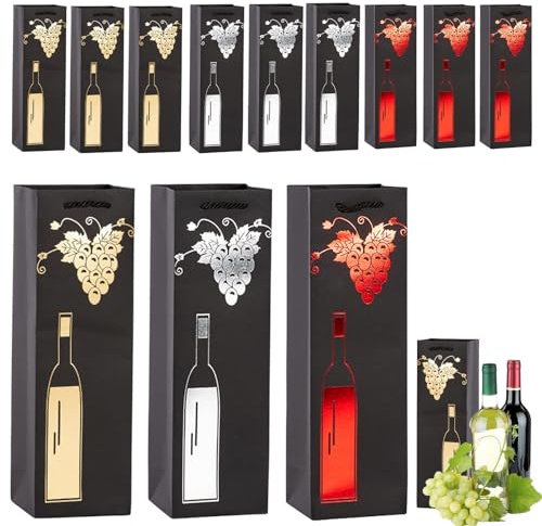 COSORO Bolsas Para Botellas de Vino con Asas,12 piezas Bolsas Papel Kraft Negro,Fuerte Reciclable Regalos de Embalaje Botellas para Vino Whisky Champán para Fiestas Bodas Cumpleaños Navidad