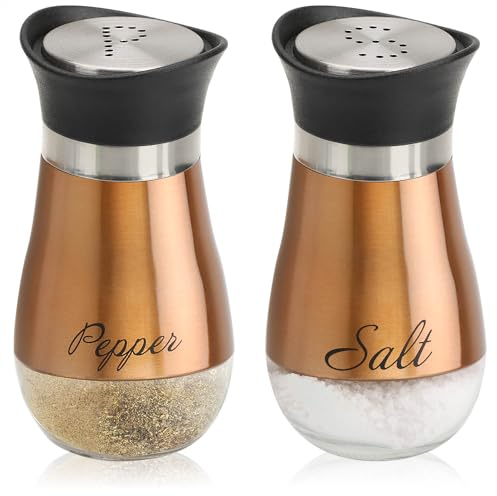 COM-FOUR® Juego de salero y pimentero de 2 Piezas de Acero Inoxidable y Vidrio - Recipiente para Especias con Etiqueta - Coctelera para Especias en la Cocina (Juego de 2 piezas - color cobre)