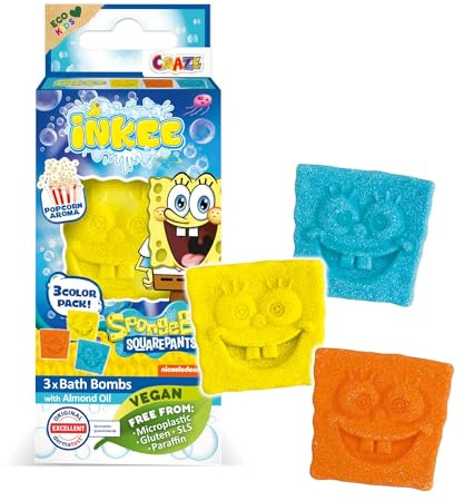 INKEE Mini Pack BOB L'ÉPONGE | Pack de 3 Bombes de bain enfant Bob l'éponge, Boule de bain parfum Pop-Corn à l'huile d'amande douce, testé dermatologiquement, 3x15g