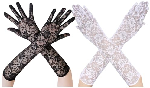 LYITZW 2 Paar Lange Spitzen Handschuhe für Damen Vintage Spitzen Brauthandschuhe für Hochzeit Oper Damen Accessoires,Handschuhe Damen Braut Hochzeit Abend Party Kostüm Zubehör(Schwarz und weiß)