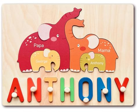 GifXify Personalisierte Holzpuzzle mit Name - Personalisierte Geschenke Baby - Montessori Spielzeug ab 1 Jahr, 2 Jahre - Steckpuzzle Holz mit Namen - Motorikspielzeug Kinder ab 1 Jahren (Elephants)