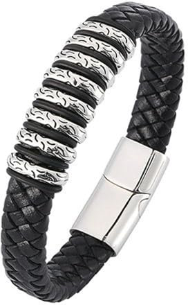Daesar Armband Leder Herren Schwarz Silber, Armband Freundschaft Magnet 12MM Geflochten mit Geometrie Partnerarmband Leder Armbäner Männer 16.5CM