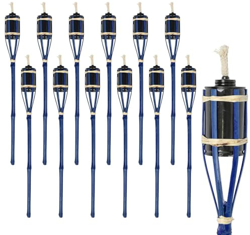 Harbour Housewares Bamboo Fire Torches - 60cm - Blue - 12x Garden Lighting Traditional Tiki Torches Outdoor Paraffin Oil Lamp Candle Flame Lantern with Removable Screw Top