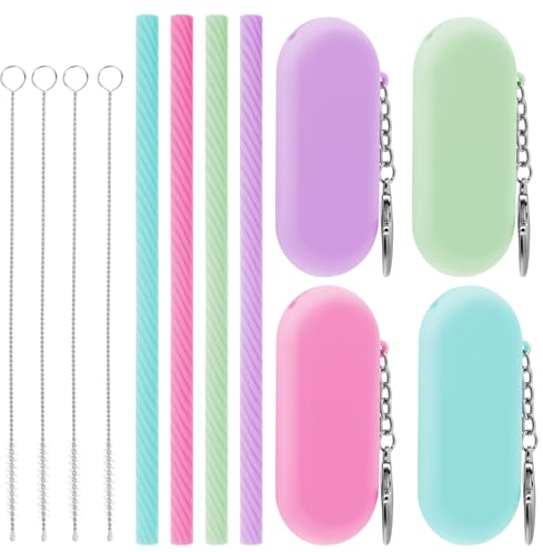 COMNICO 4 pajitas de silicona, pajitas de silicona, reutilizables, pajitas de repuesto para fiestas, plegables, coloridas, portátiles, juego de pajitas para vasos, tazas con cepillo de limpieza