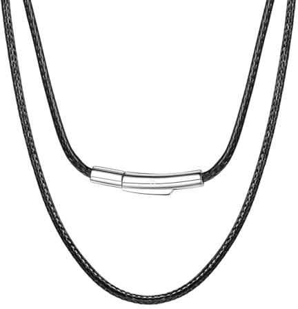 HSWYFCJY Mens Leather Necklaces Black Braided Rope Necklace with 316L Stainless Steel Clasp 2 mm Cord Chain 24 Inch Birthday Gift for Men Women