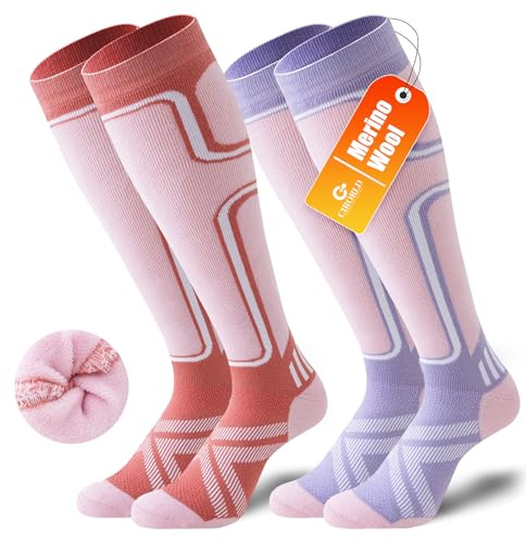 Cirorld 2 Pairs of Merino Wool Ski Socks for Men, Warm Wool Thermal Socks Unisex, Thick Winter Socks for Cold Weather, Snow, Skiing, Snowboarding, Hunting, Hiking, Pink&Purple 3-5