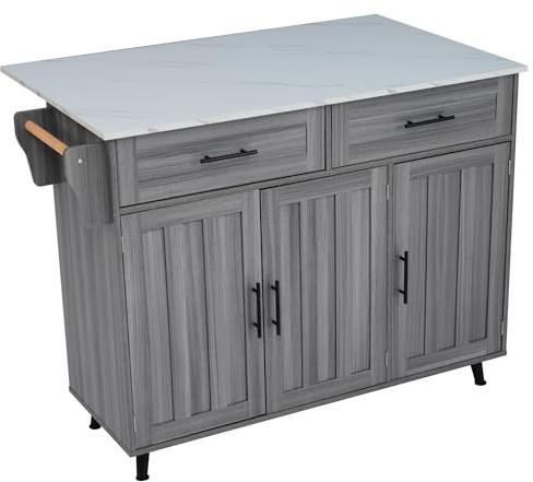 Azkoeesy Carrito de cocina con 5 ruedas, isla de cocina con encimera ampliable, armario de cocina, carrito de servir, con 2 cajones y estante, 129 x 91,5 x 46-71 cm (gris)