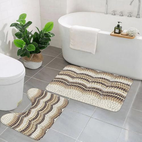 EYLOZS Badezimmerteppich Set 2 Teilig Waschbar rutschfeste Badematte Toilettenmatte Weich Saugfähige Badteppiche,DREI beige und braune Wellen auf hellem Hgrund imitieren die Form eines antiken Steinm