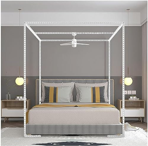 Bettrahmen aus Metall mit verstellbaren 4 Ecken, Gardinenstangen, Edelstahl, volle Größe, Betthimmel für Schlafzimmer, Dekoration (weiß)