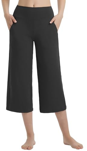 baleaf Pantaloni da donna a gamba larga pantaloni della tuta capris pantaloni da yoga a vita alta ritagliati con tasche sciolti lounge viaggio estate, Nero , XXL