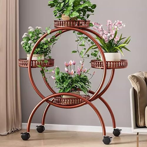 GAOXIONG Pflanzenständer aus Metall mit Rädern, 4-stöckiges Pflanzenregal für Zimmerpflanzen, stilvolles Blumenregal für Wohnzimmer, Garten und Terrasse, Stabiler Pflanzenhalter in roter Farbe
