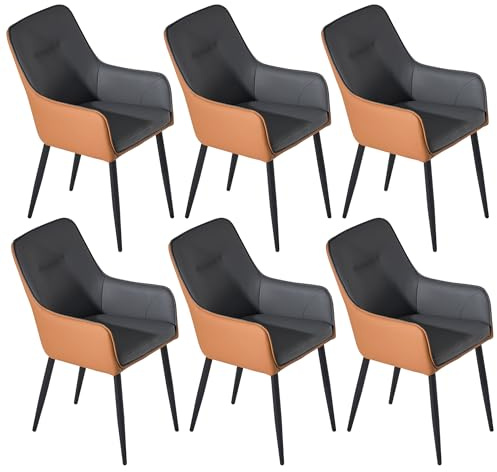 CLIPOP Esszimmerstühle 6er Set mit Armlehne aus Kunstleder Grau-Braun, Armlehnenstuhl Polsterstuhl Stühle Esszimmer Küchenstuhl mit Metallbeine und Rückenlehne für Wohnzimmer Esszimmer