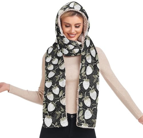 GAIREG Warmer Kapuzenschal, Wintermütze und Schal für Damen, Winterschals für Damen, Weiße Erdbeeren auf Schwarz, Einheitsgröße