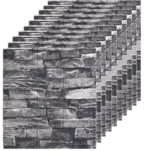 EMSMIL 3D Ziegel Tapete Wandpaneele 10 Stk 77x70cm Selbstklebend Schwarz | Abwischbar Modern Wasserfest Steinoptik Schaumstoff Wandaufkleber für Bad Küche Wohnzimmer Schlafzimmer Balkon TV Wand