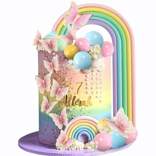 Rainbow Cake Topper Balls Cake Decorations Boho Cake Topper with Macaron Balls Artificial Flowers and Butterflies for Baby Shower Unicorn Birthday Themed Party Supplies