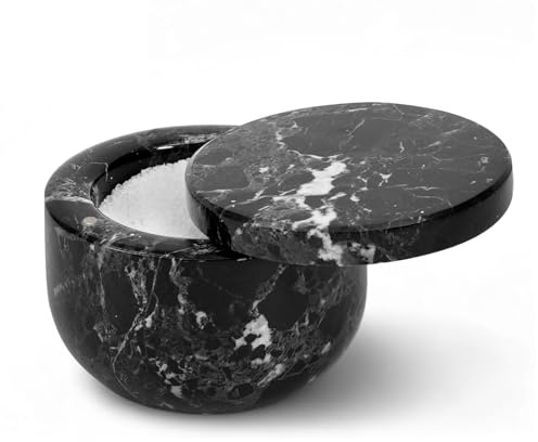Saltkällare i marmor med lock 7,6 cm svart – saltlåda med magnetisk lås och kryddbehållare för köksbänk, kryddförvaringsburk för matlagning och bord