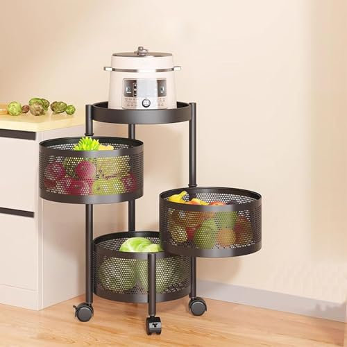 Cesto di frutta e verdura rotante, porta portaoggetti rotondo da cucina, porta frutta rotante, carrello portaoggetti per cucina con 4 ruote, 3 ripiani in tondo cestino nero