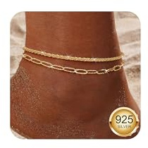 Diamday 925 Sterling Silver Ankle Bracelets for Women Gold Anklet Adjustable Women's Anklets Waterproof Dainty Layered Anklet Set Ankle Chains Beaded Rope Link Beach Anklets for Women B
