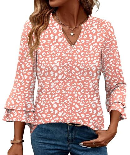 IEEILULU Damblus, V-ringad 3/4 ärm, tunika, eleganta toppar med volangärmar, casual, lätta toppar, ROSA, XL