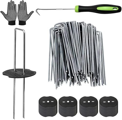 Grapas Malla Antihierbas con 60 Arandelas,Grapas de Jardín,Grapas Césped Artificial,Piquetas Cesped Artificial,Anclajes de Tierra para Malla Antihierba, Cesped Artificial y Jardin (15CM)