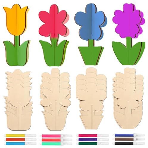 44 st 3D blomma vårträ hantverksset, FAURAPMNG 32 oavslutade trävårblommor med 12 färgade pennor, tomma träutskärningar skivor prydnader för gör-det-själv målning, bordsskiva, nivåer, brickdekor